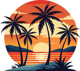 Experience the beauty of a tropical sunset with silhouetted palm trees, vibrant orange skies, and birds flying over a tranquil ocean scene. Perfect for travel, nature, or tropical-themed content