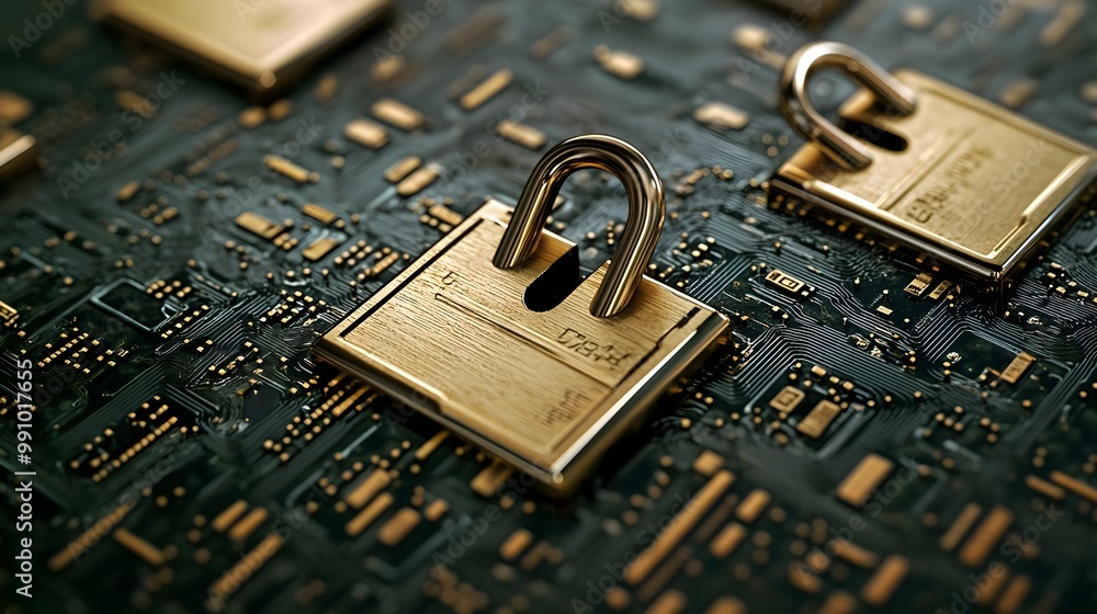 Poster padlocks on electronic circuit board symbolizing cybersecurity and data protection.