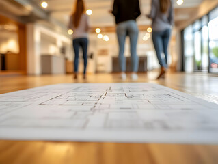 Blueprint design on wood floor with blurred figures of people in the background, representing planning and collaboration.