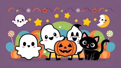 Fototapeta premium A group of cute, cartoon-style Halloween characters including a friendly ghost, a smiling jack-o'-lantern, and a playful black cat.