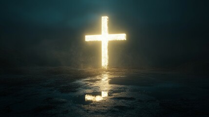 A glowing cross stands tall in the dark, casting a warm light on the ground below.