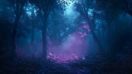 Naklejka premium Dark forest glowing softly neon flowers scattered throughout its depths picture