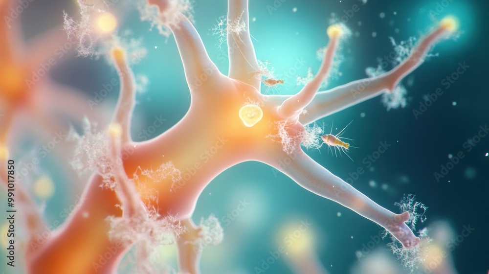 Poster close-up of neuron structure with synapses and cells