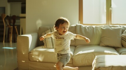 Fototapeta premium A cheerful, young boy joyfully runs in a sunlit, cozy living room, capturing the essence of childhood happiness and freedom.