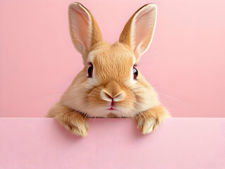 Obraz premium A cute rabbit peeks over a pastel pink backdrop, showcasing its fluffy fur and expressive eyes.
