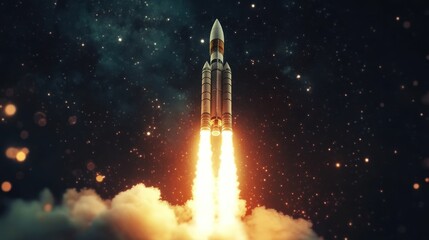 Rocket launch into space with a starry sky in the background.