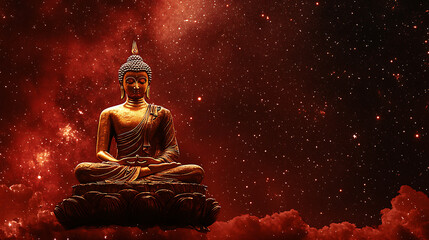 Buddhist background with a golden Buddha image set against a deep blue, starry night sky