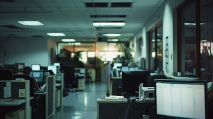 Fototapeta premium A nearly empty office space with scattered workstations showing signs of recent activity, suggesting an end of the workday or after-hours environment.