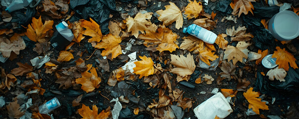 Obraz premium Fallen Autumn Leaves Litter the Ground with Discarded Plastic and Garbage
