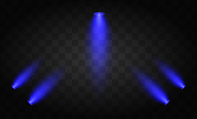 Three blue soft spotlight beams on a transparent background. Glowing warm lights perfect for stage, theater, or spotlighting design concepts in presentations or visual media.