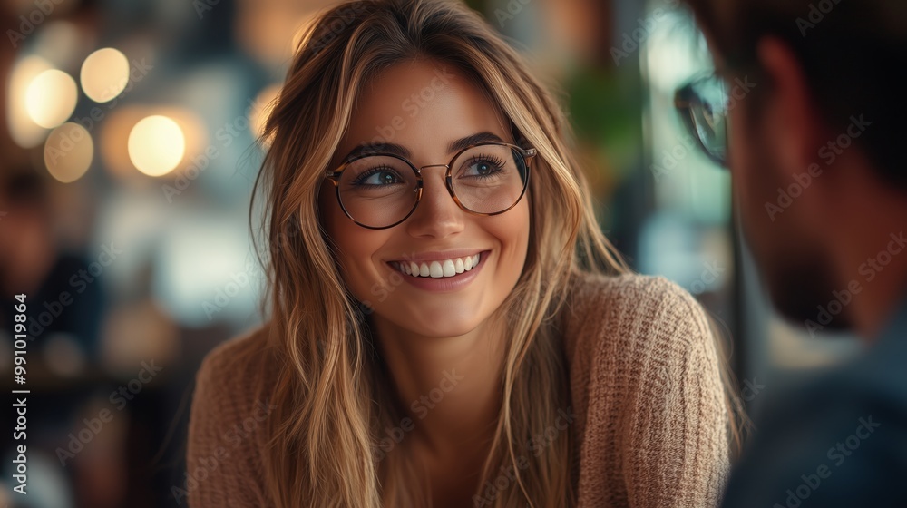 Poster a smiling woman in glasses is sitting at the table with her colleagues during an interview, creating