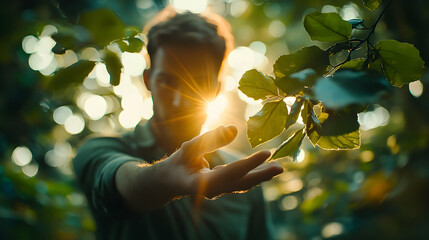Man Reaches Out to Sunlit Leaves in Lush Forest