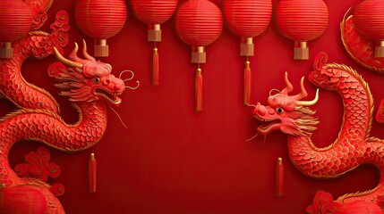Two red dragons are on a red background