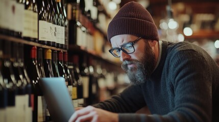 Fototapeta premium Bearded man wearing a beanie and glasses uses a laptop in front of a wine shelf.