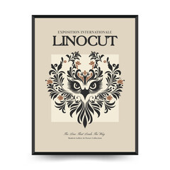 Abstract linocut floral posters template. Modern trendy minimal style. Black and white colors. Magic, mystical. Hand drawn design for wallpaper, wall decor, print, postcard, cover, template, banner.