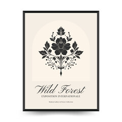 Abstract linocut floral posters template. Modern trendy minimal style. Black and white colors. Magic, mystical. Hand drawn design for wallpaper, wall decor, print, postcard, cover, template, banner.