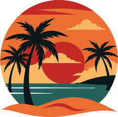 Experience the beauty of a tropical sunset with silhouetted palm trees, vibrant orange skies, and birds flying over a tranquil ocean scene. Perfect for travel, nature, or tropical-themed content