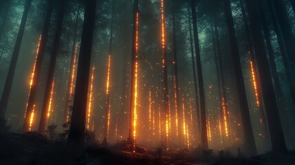 Fototapeta premium Neon flowers glowing brightly scattered throughout dark forest wilderness picture