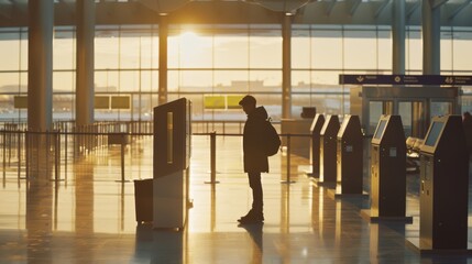 A person silhouetted against the sunrise at an airport kiosk, the terminal bathed in golden morning light.