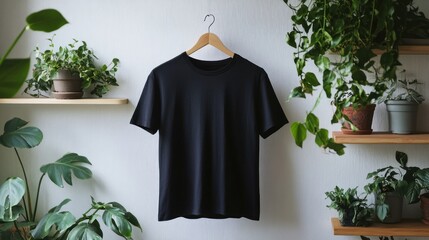 Blank black t-shirt hanging on a wooden hanger against a white textured wall with green plants on wooden shelves.