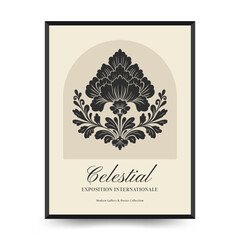 Abstract linocut floral posters template. Modern trendy minimal style. Black and white colors. Magic, mystical. Hand drawn design for wallpaper, wall decor, print, postcard, cover, template, banner.