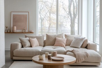 Fototapeta premium Photographed a modern residential living room designed with a combination of mid-century modern interiors and Scandinavian interiors. Generative AI 