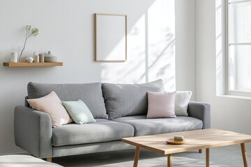 Modern Scandinavian Mid-Century Modern interiors of the house with art-frame white walls and gray-toned sofas and wood tables. Generative AI
