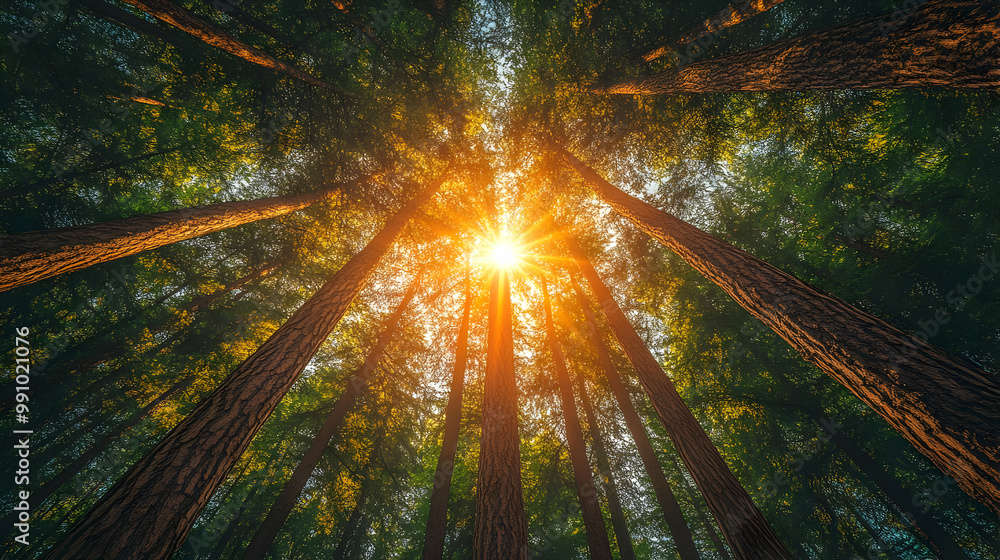 Poster sunlight filters through tall trees in a serene forest, creating a magical atmosphere with vibrant g