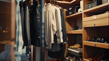 A cozy and organized closet filled with various types of men's and women's clothing hanging on wooden hangers, with shoes neatly placed in the shelves.