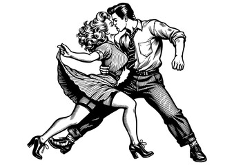 couple passionately swing dancing, energy and romance of mid-century dance culture with vintage flair sketch engraving generative ai PNG illustration. Scratch board imitation. Black and white image