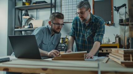 Fototapeta premium Two men collaborate on a woodworking task in a spacious workshop surrounded by tools, exemplifying teamwork and craftsmanship.