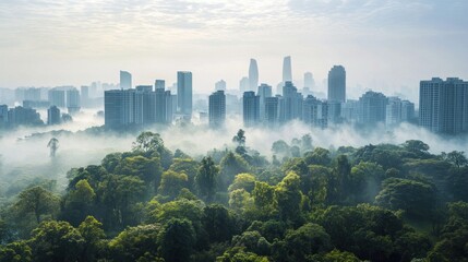Misty morning cityscape with skyscrapers peeking through a forest.