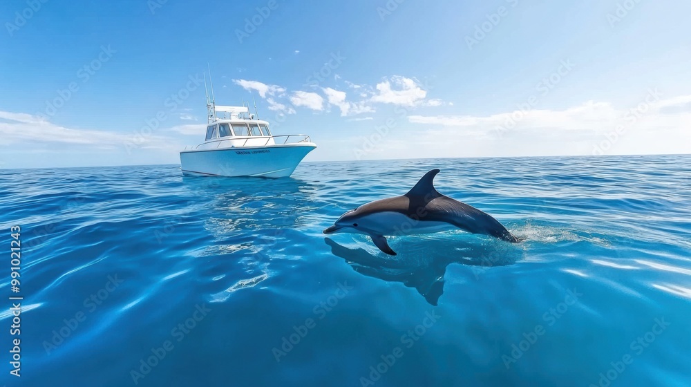 Wall mural dolphin swimming near a boat on clear blue ocean