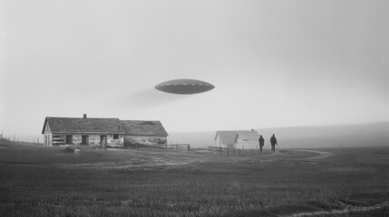 Two figures stand near weathered homes with an ominous flying saucer in the sky, enhancing the scene’s mysterious, lonely ambiance.