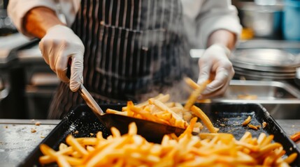 A chef in a striped apron expertly flips steaming hot, golden fries with kitchen utensils in a bustling kitchen.