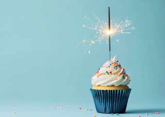 Cupcake with a sparkler on a blue background