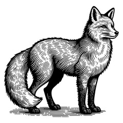 standing fox, natural grace and cunning in a classic engraving style sketch engraving generative ai PNG illustration. Scratch board imitation. Black and white image.