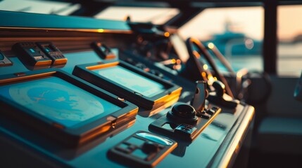 Close-up of a boat's navigation console in soft, golden sunlight, showcasing sophisticated instruments and charts for a stylish, high-tech maritime experience.