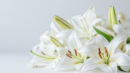 Naklejka premium A bunch of fresh white lilies, their petals fully open, beautifully placed against a clean white backdrop, evoking purity and grace.