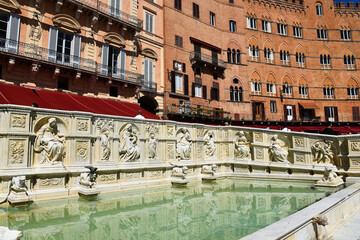 Siena, Italy. September 16, 2024. Fonte Gaia on the marketplace Piazza del Campo in the old center...