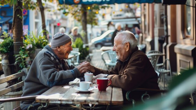 Two elderly friends share a heartfelt conversation and laughter over coffee at a quaint outdoor café, symbolizing enduring friendship and joy.