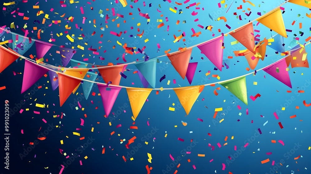 Poster multicolored party flags with falling confetti for cheerful