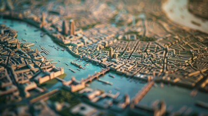 Naklejka premium A richly detailed model map of a river city showcases the harmonious blend of waterways and urban architecture in a realistic and vibrant portrayal.