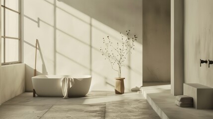 Sunlit modern bathroom with a freestanding tub, a wooden stool with toiletries, and a plant in a vase, creating a serene and minimalist atmosphere.