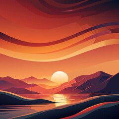 Abstract Sunset Landscape with Mountains and Reflected Light Over Water – Modern Vector Illustration