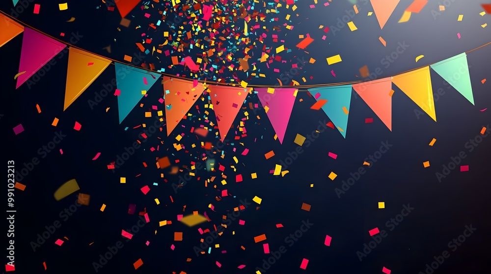 Poster Vibrant Triangular Party Flags with Cascading Confetti Decor