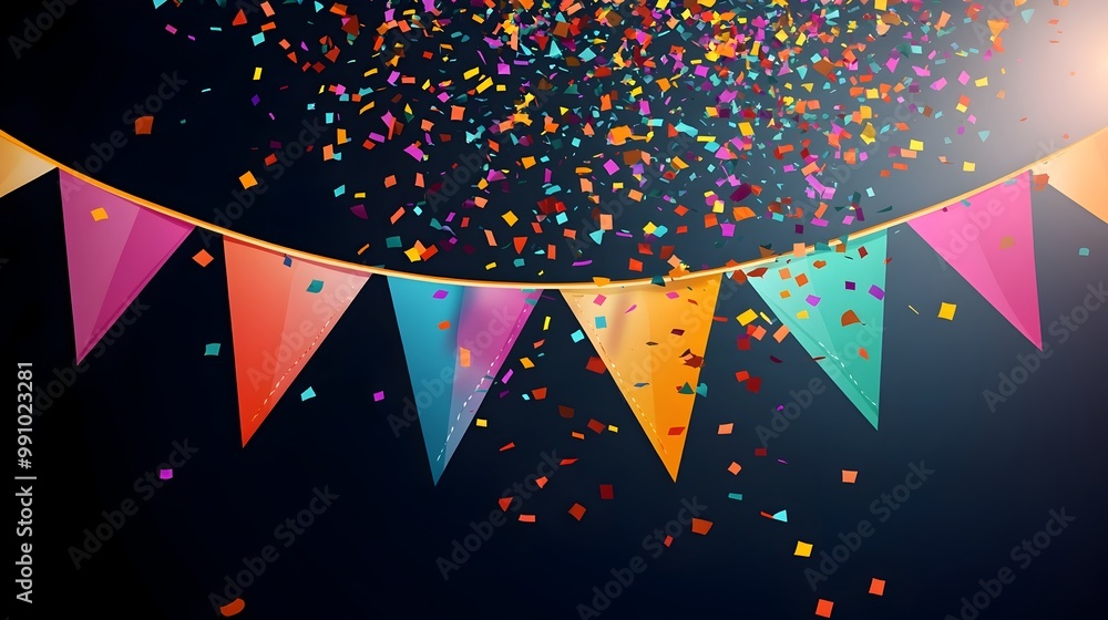 Poster vibrant triangular party flags with confetti raining down festive background