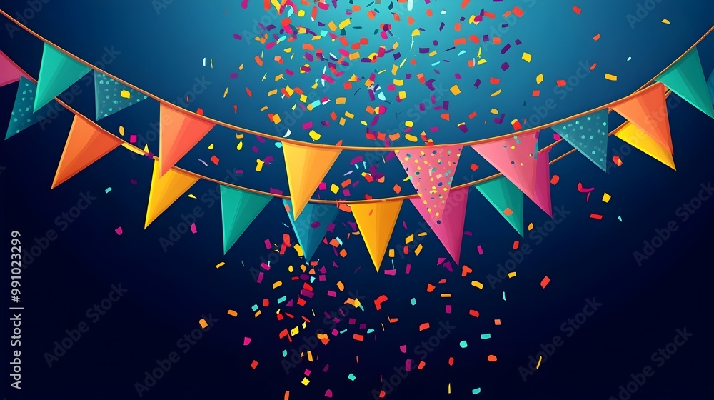 Poster vibrant triangular party flags with falling confetti