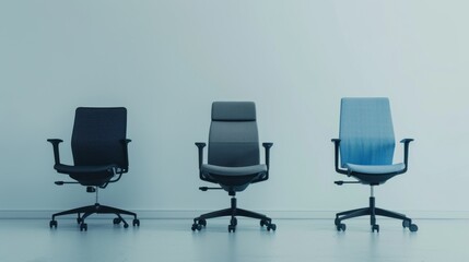 Three modern, stylish office chairs in a minimalistic setting, emphasizing contemporary furniture design and workplace aesthetics.