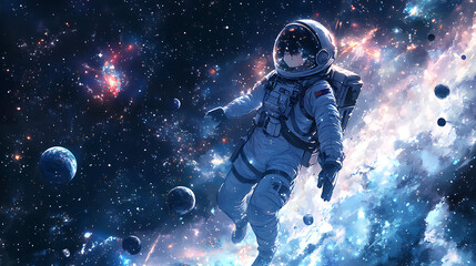 Anime girl in a space suit, floating among stars and planets in a galaxy